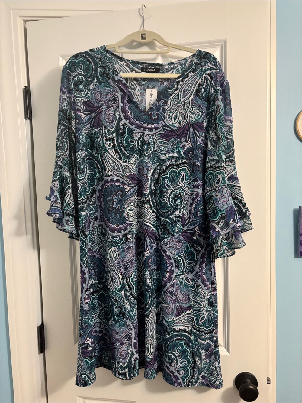 Roz & Ali Teal and Purple Paisley Ruffle-Sleeve Dress
